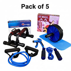 1 AB Set Pushup Stand Plastic, Ab Wheel With Mat, Single Resistance Band, Jump Rope and Hand Grip ( Pack Of 5 )