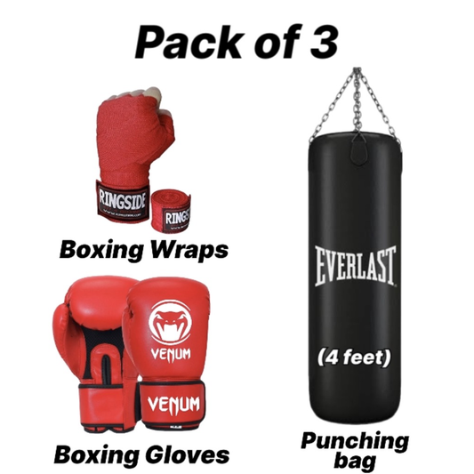 Boxing Gloves, Punching Bag, Boxing Wraps (Pack of 3)