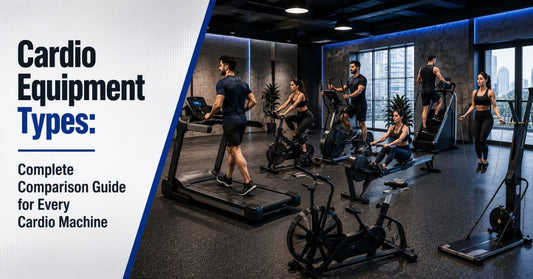 Comparison of treadmill, exercise bike, rowing machine, elliptical, stair climber, skipping rope, air bike, and ski erg cardio equipment for home and gym workouts.