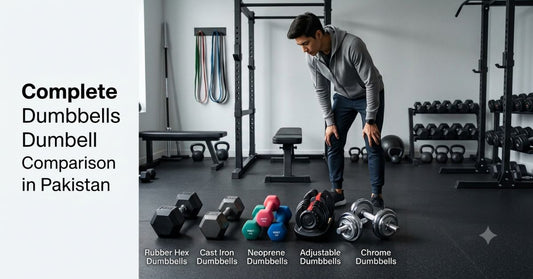 Comparison of rubber hex, cast iron, neoprene, adjustable, and chrome dumbbells for choosing the best dumbbell type in Pakistan.