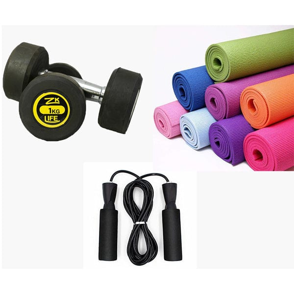 1kg Rubber Dumbbell with 4mm Yoga Mat and Jump Rope