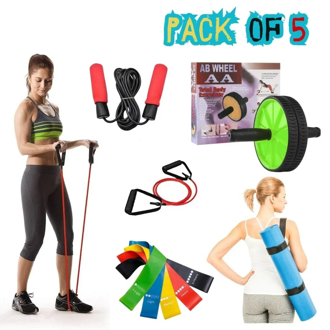 4mm Yoga Mats, Jump Rope, Single Loop Band, 5pcs Loop Band and Ab Wheel Roller (Pack of 5)