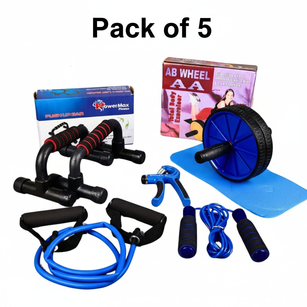 1 AB Set Pushup Stand Plastic, Ab Wheel With Mat, Single Resistance Band, Jump Rope and Hand Grip ( Pack Of 5 )