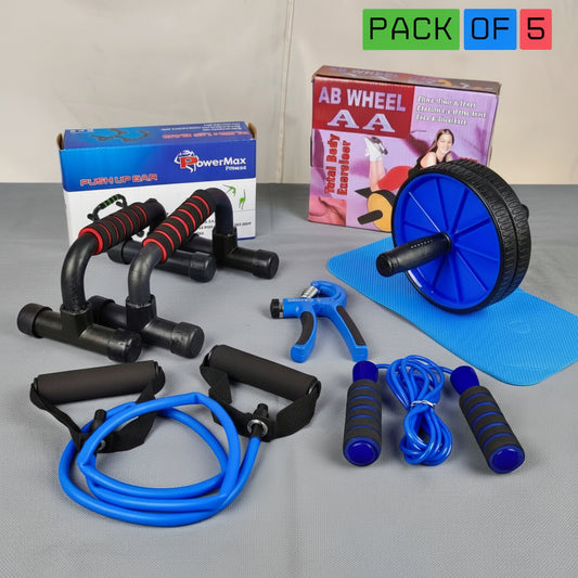 1 AB Set Pushup Stand Plastic, Ab Wheel With Mat, Single Resistance Band, Jump Rope and Hand Grip ( Pack Of 5 )