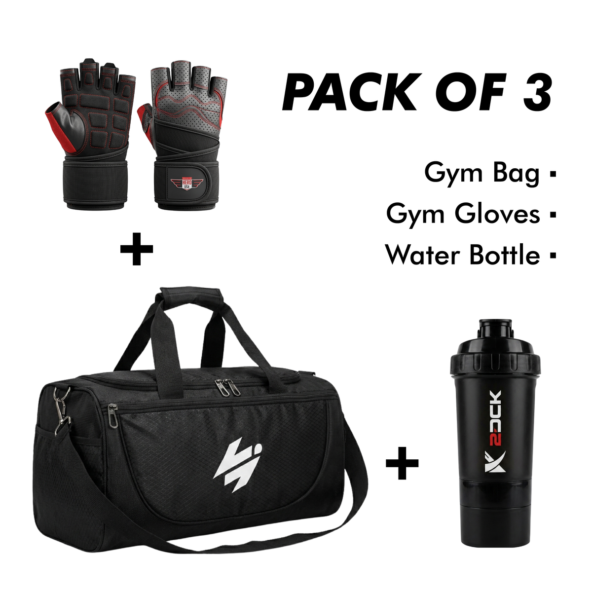 Gym Bag, Shaker Bottle & Gym Gloves (Pack of 3)