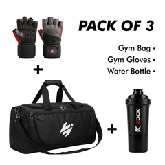 Gym Bag, Shaker Bottle & Gym Gloves (Pack of 3)
