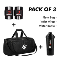 Gym Bag, Shaker Bottle & Wrist Wraps (Pack of 3)