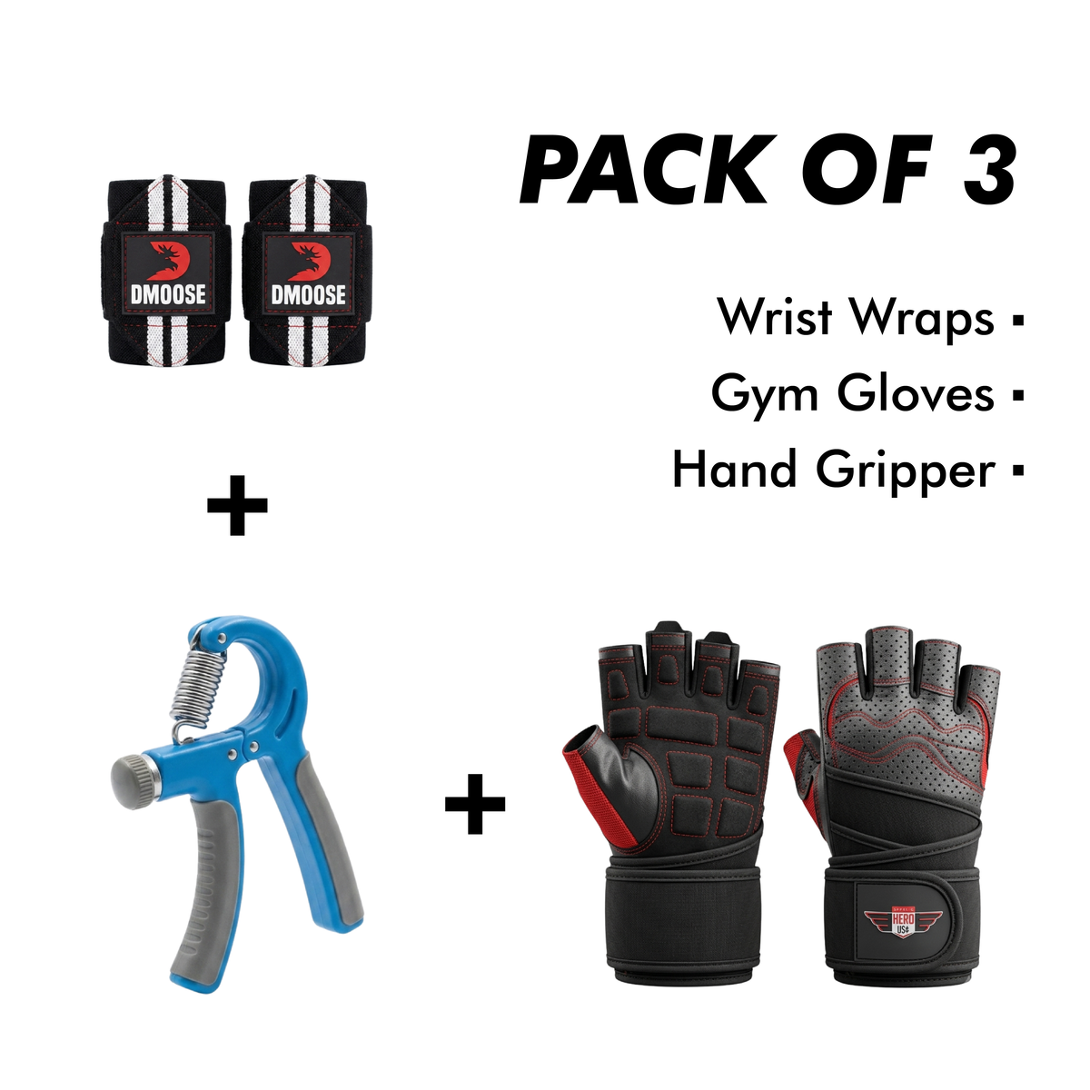 Hand Gripper, Wrist Wraps & Gym Gloves (Pack of 3)