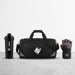 Gym Bag, Shaker Bottle & Gym Gloves (Pack of 3)