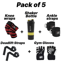 Elbow/Knee Wrap,Ankle Strap,Bottle,Gloves,Lift Strap (Pack of 5)