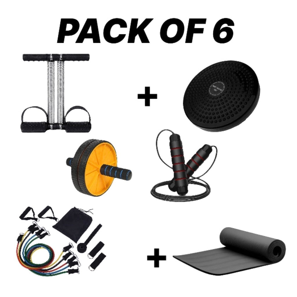 Tummy Trimmer,Twister,Ab Roller,Yoga matt,11Pcs Resistance Band,Jump Rope (Pack of 6)