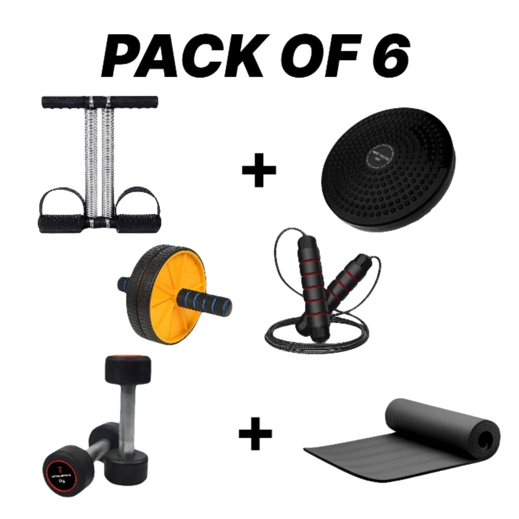 Tummy Trimmer,Twister,Ab Roller,Yoga matt,1 kg Dumbbells Pair,Jump Rope (Pack of 6)