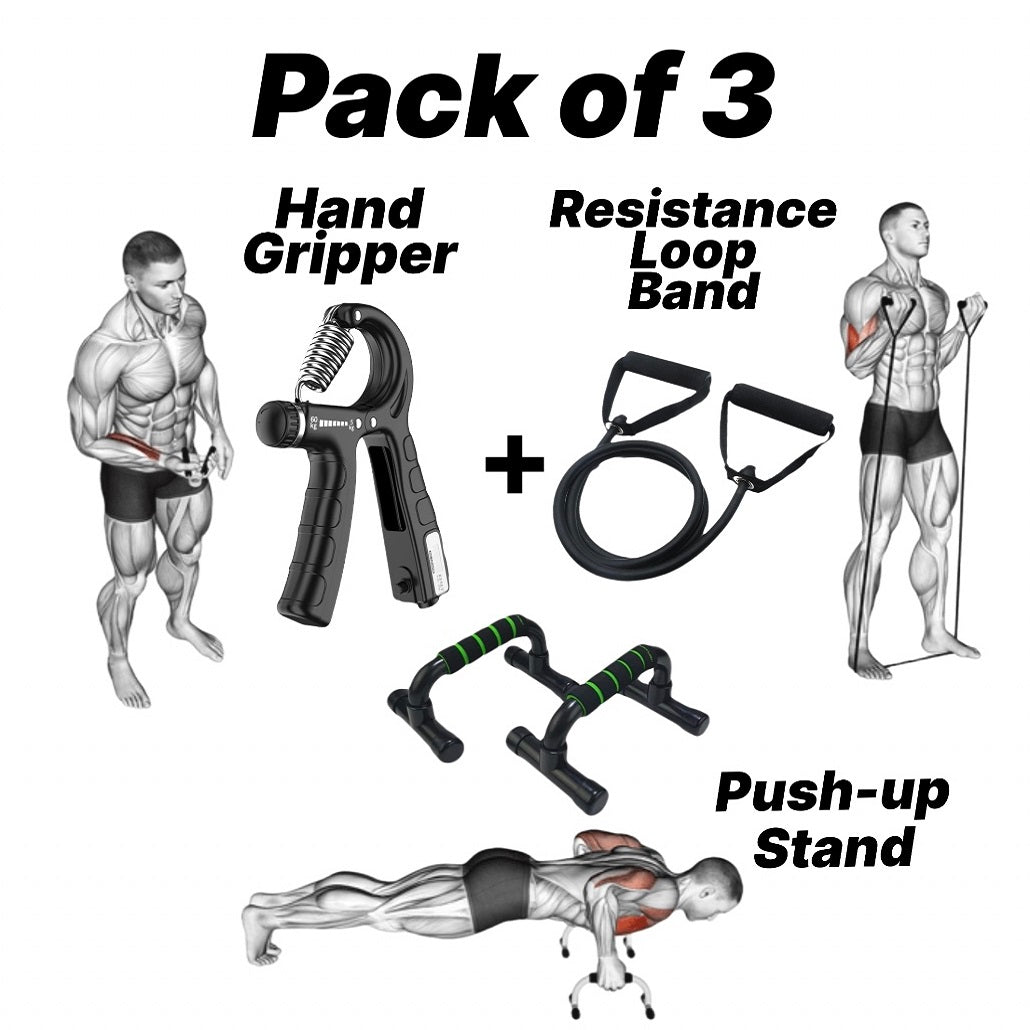 Resistance Loop Band, Hand Gripper & Push-up Stand (Pack of 3)