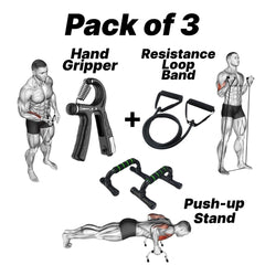 Resistance Loop Band, Hand Gripper & Push-up Stand (Pack of 3)