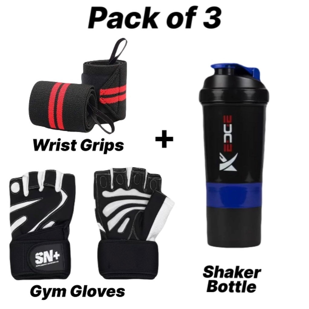 Gym Shaker Bottle, Workout Gloves and Wrist Wraps Bundle Pack of 3 – Sonic Sports